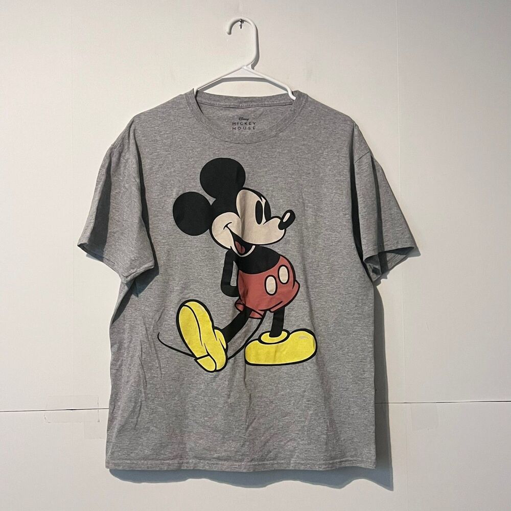 Disney Mens T-Shirt Size L Grey Big Graphic Print Mickey Mouse Short Sleeve